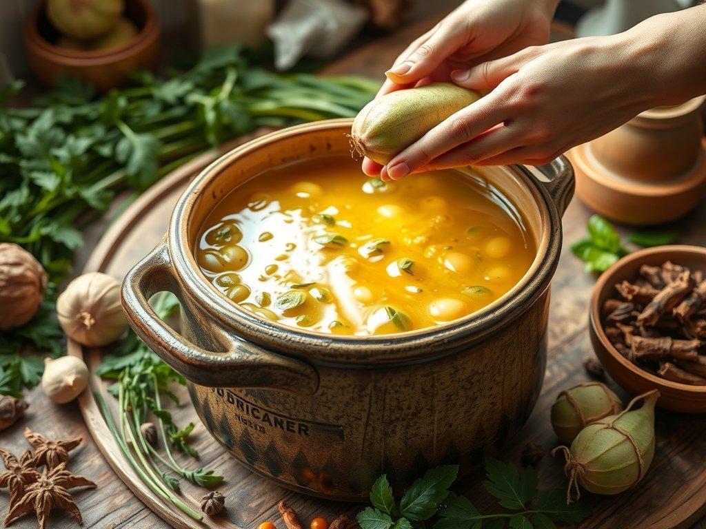 Realistische close-up van handen die groenten inleggen voor fermentatie in een keramische pot, omringd door kruiden en specerijen in een goed verlichte keuken.