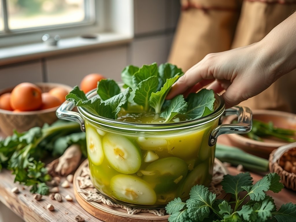Realistische close-up van een hand die verse groenten toevoegt aan een glazen pot voor fermentatie, omgeven door kruiden en natuurlijke ingrediënten in een lichte, rustige keuken.