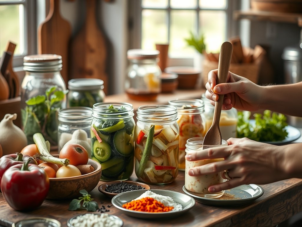 Ingrediënten en gereedschappen voor fermentatie, waaronder glazen potten, houten lepel en verse groenten, in een zonnige keuken met een warme, uitnodigende sfeer.