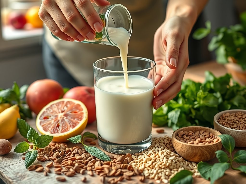 Een close-up van een glas kefir omringd door vers fruit, kruiden en granen, terwijl het voorzichtig in een keramische kom wordt geschonken in een serene keuken.