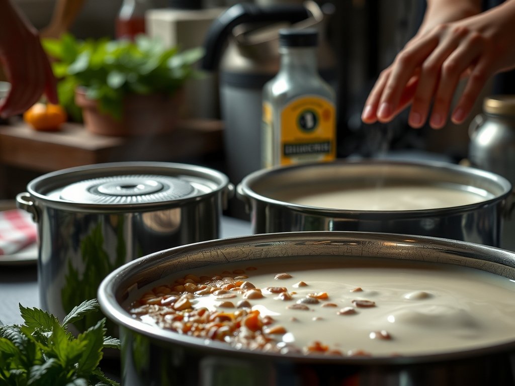 Close-up van melkzuurfermentatieprocessen met groenten en specerijen in aardetinten, vastgelegd in een natuurlijke keuken.