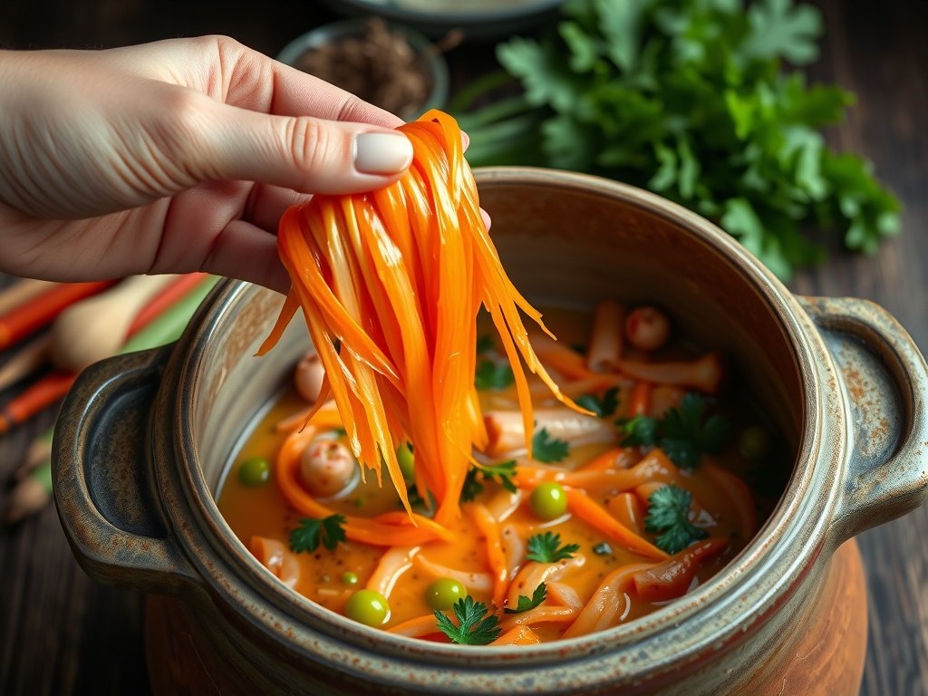 Een hand mengt verse ingrediënten voor kimchi in een keramische kom, met aardetinten en natuurlijke groenen op de achtergrond.