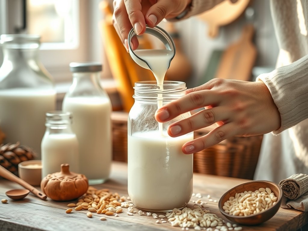Close-up van handen die kefir in een glazen pot gieten, met een focus op de romige textuur, omringd door natuurlijke ingrediënten in een sfeervolle keuken.