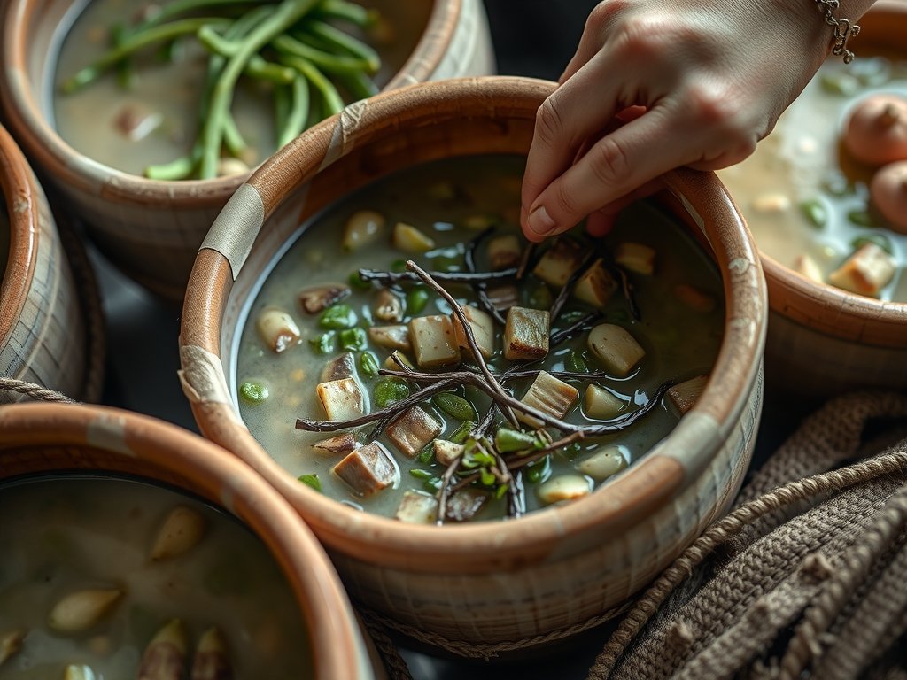 Close-up van fermentatieprocessen in keramische potten met groenten en kruiden, handelingen van het voorbereiden van ingrediënten, alles in zachte aardetinten en natuurlijke groenen.