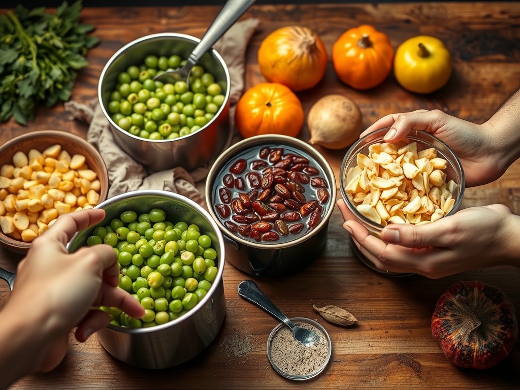 Close-ups van groenten en fruit in potten, met handen die ingrediënten voorbereiden voor verschillende fermentatieprocessen, op een houten keukenwerkblad in natuurlijke aardetinten.