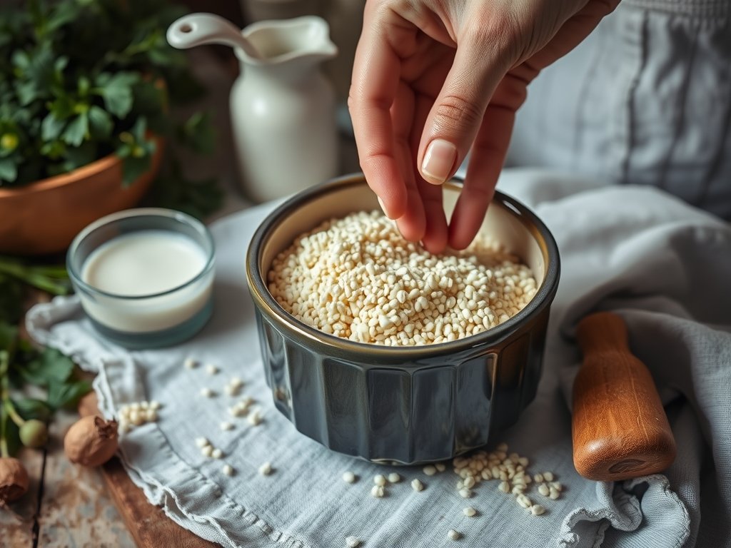 Een hand plaatst kefirgranen in een glazen pot, omringd door melk, een houten lepel en verse kruiden in een rustige keuken met zacht daglicht.