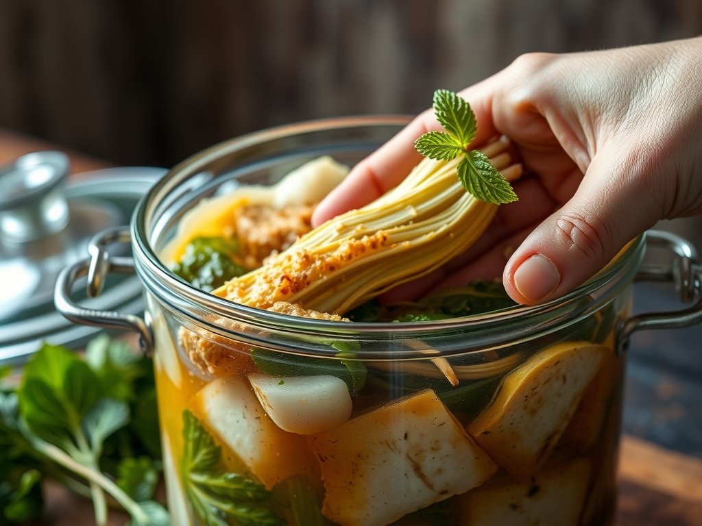 Close-up van een hand die biologische groenten in een glazen fermentatiepot plaatst, met natuurlijk licht dat de texturen accentueert, en een rustige achtergrond.