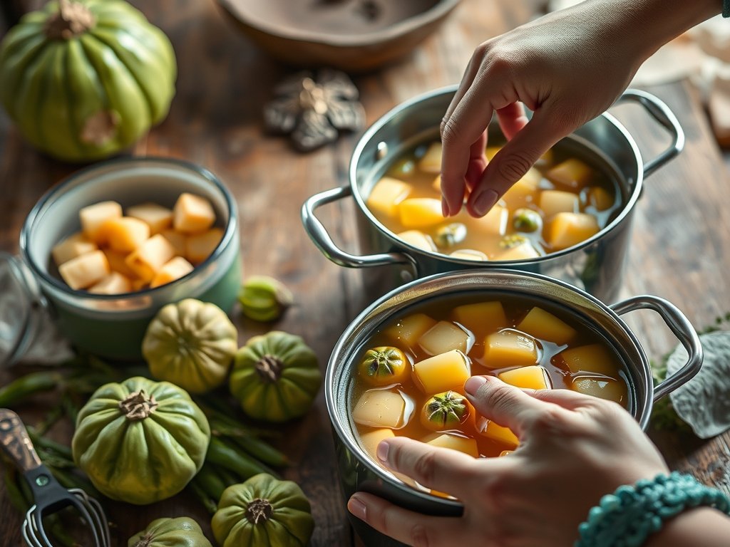 Close-up illustratie van fermenterende peulvruchten in potten met bonen en vloeistoffen op een houten tafel, omringd door aardetinten en groen, met handen die de ingrediënten mengen in een informele sfeer.