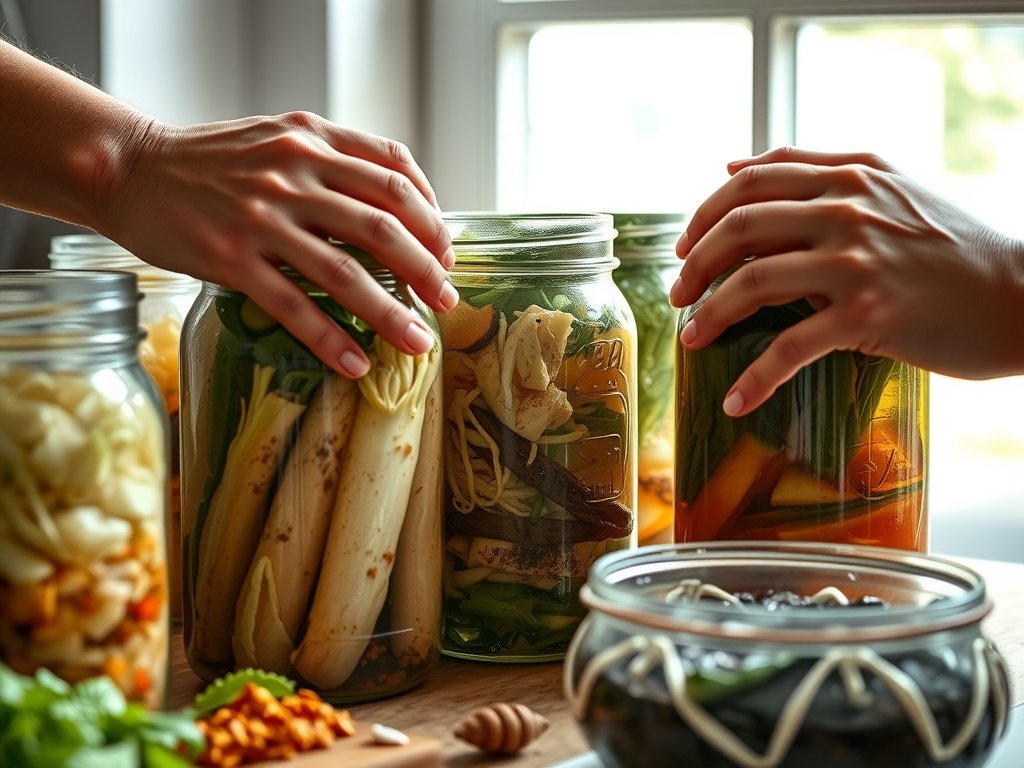 Dichtbijopname van handen die werken met potten fermenteerbare groenten, met texturen van kool en specerijen in een sfeervolle keuken, die een rustige en informatieve sfeer uitstraalt, passend bij het proces van fermentatie.