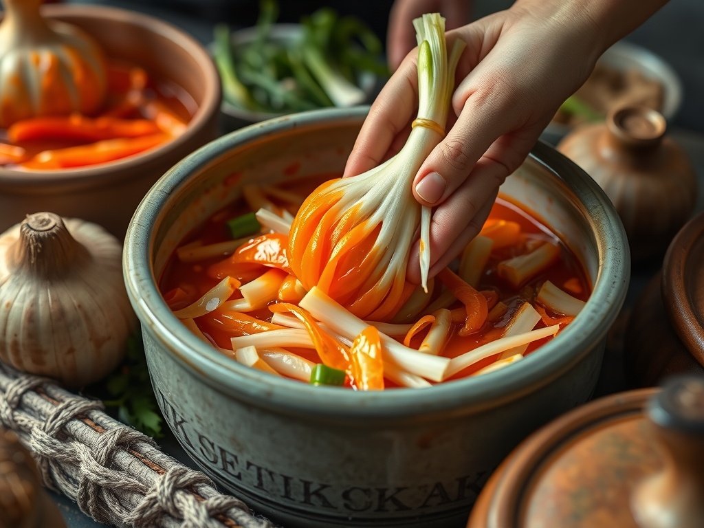 Close-up van het kimchi-fermentatieproces zonder gochugaru, met verse ingrediënten zoals kool en knoflook, terwijl handen de groenten mengen in keramische potten, omringd door natuurlijke tinten en zacht daglicht.