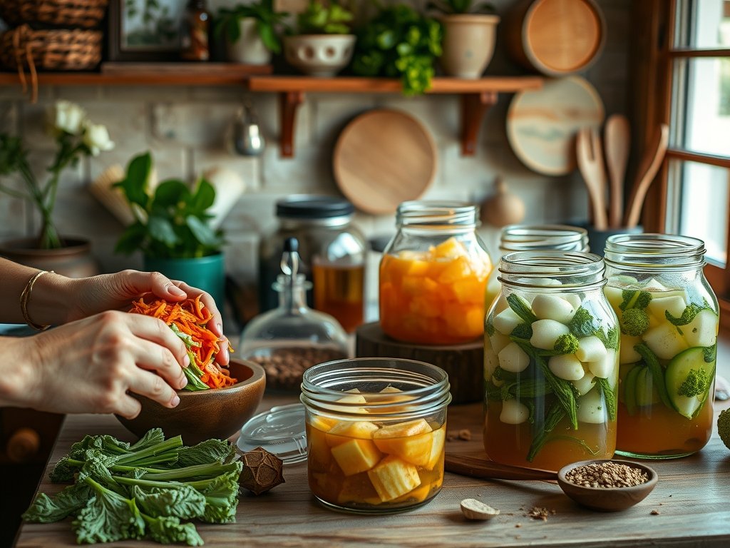 Realistische fotografie van het fermentatieproces in een gezellige keuken, met close-up beelden van handen die groenten voor kimchi voorbereiden en glazen potten met bubbels van kombucha.