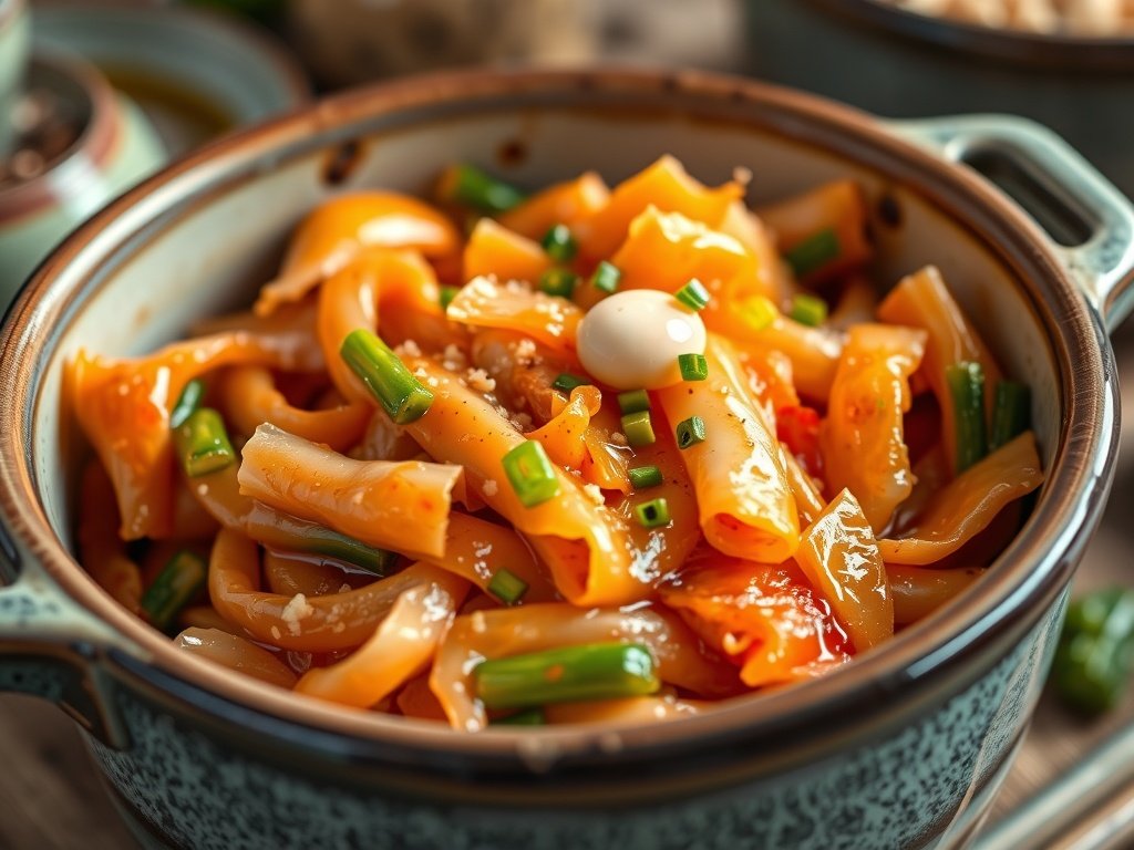 Realistische close-up van kimchi en andere gefermenteerde voedingsmiddelen in keramische potten, met een focus op texturen en kleuren in een sfeervolle keuken.