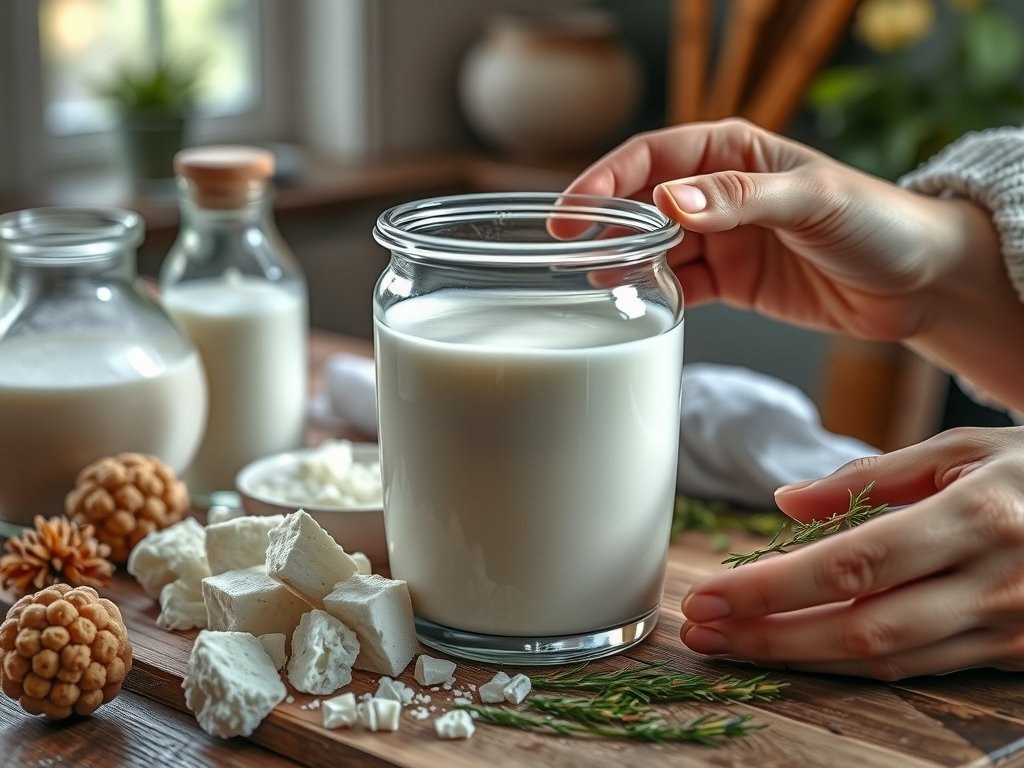 Close-up van een glazen fles kefir omringd door verse ingrediënten zoals melk, kefirkorrels en kruiden op een houten tafel in een zonovergoten keuken, wat de probiotische fermentatieprocessen illustreert.