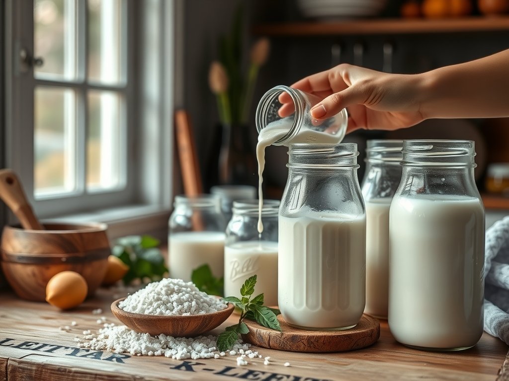 Realistische fotografie van een keuken waar het fermentatieproces van kefir plaatsvindt, met close-ups van kefirkorrels en verse melk in een rustieke setting.