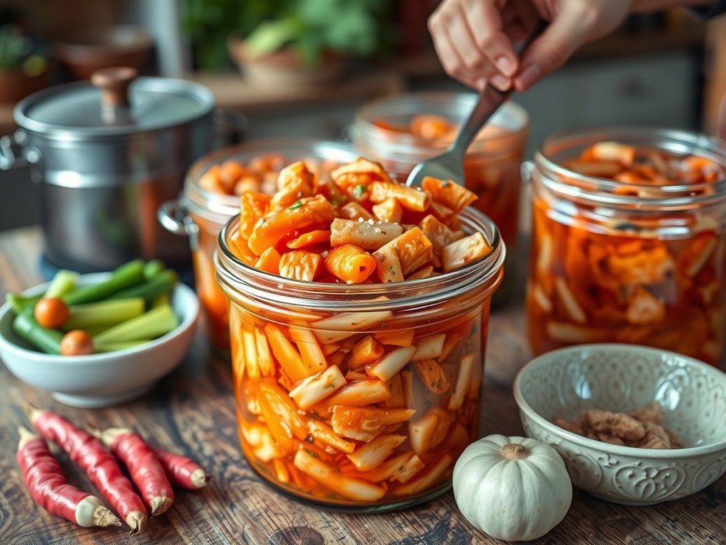 Close-up van verse en gefermenteerde kimchi in glazen potten op een houten tafel, met verse ingrediënten eromheen in een sfeervolle keuken.