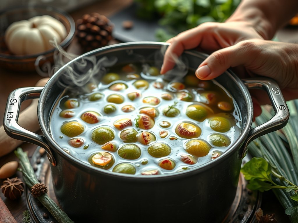 Close-up van een pot met zoutloze gefermenteerde groenten, omringd door kruiden en specerijen in een gezellige keuken, verlicht door zacht daglicht.