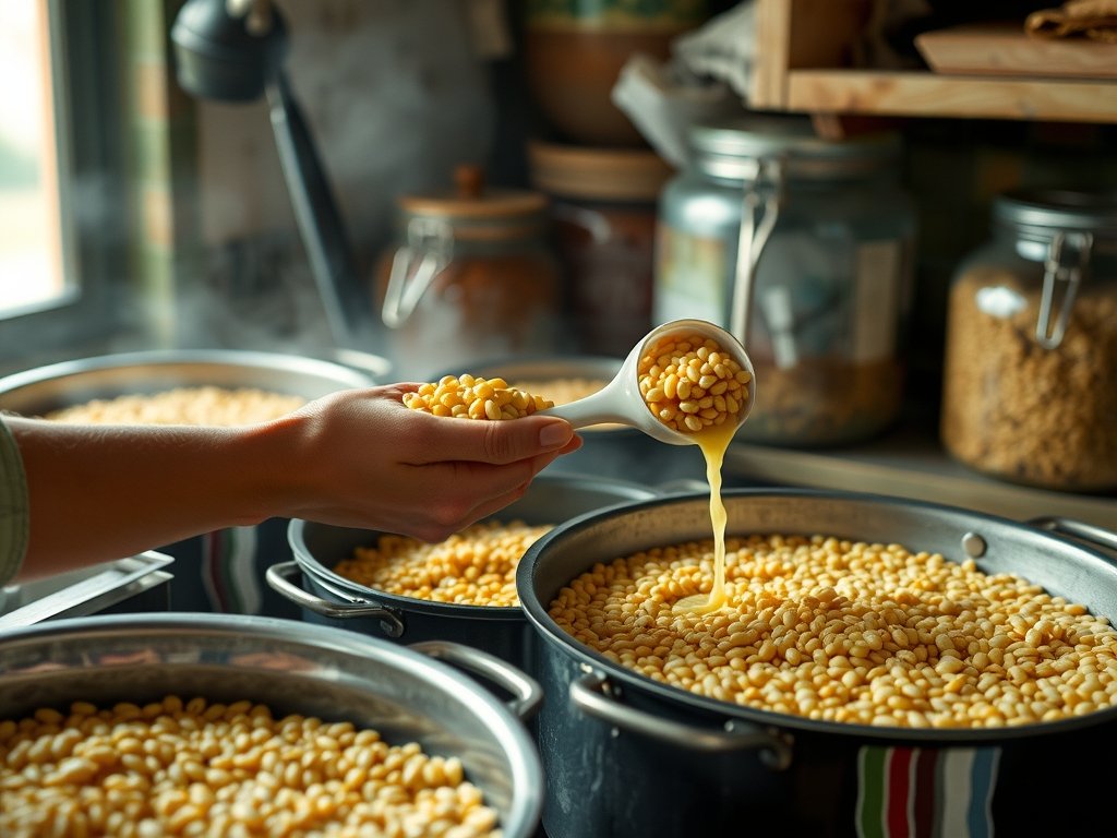 Realistische afbeelding van het fermentatieproces van granen in een rustieke keuken, met close-ups van granen en handen die het traditionele fermenteren uitvoeren onder zacht daglicht.