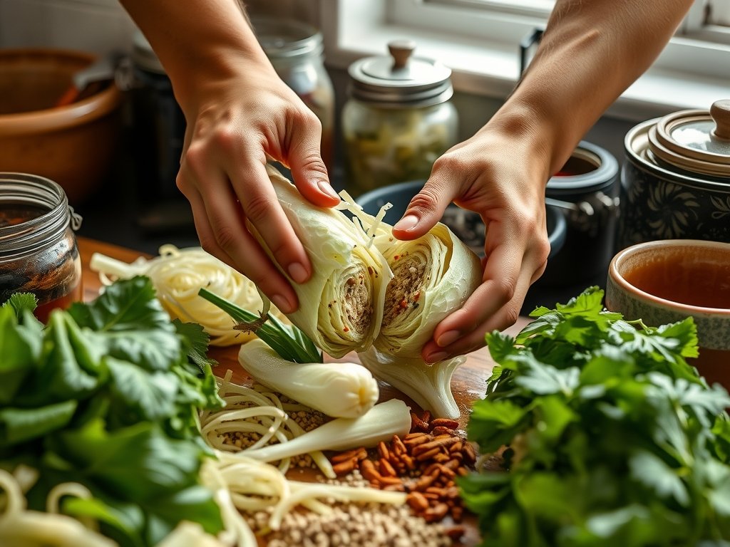 Close-up van handen die verse groenten voorbereiden voor fermentatie, met texturen van kool en specerijen in een sfeervolle keuken.