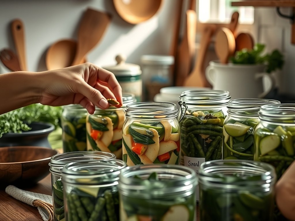 Nabije opname van handen die zorgvuldig gefermenteerde groenten in glazen potten bereiden, met aardse tinten en natuurlijke groenen, verlicht door zacht daglicht in een gezellige keuken.