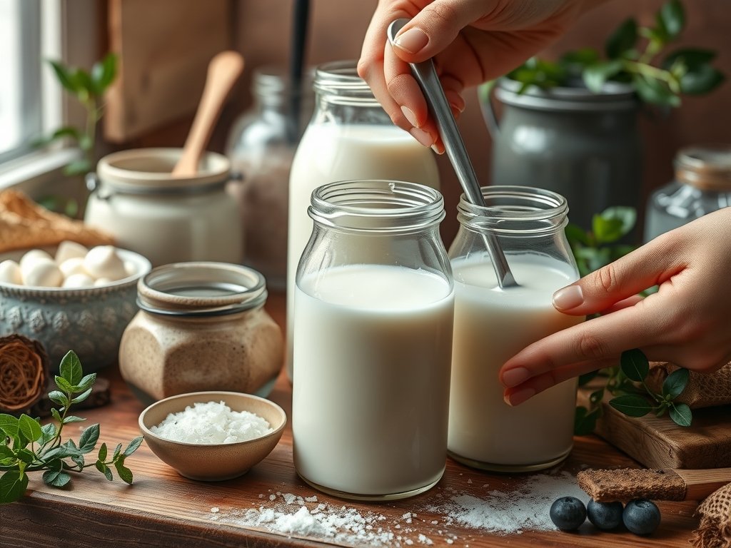 Close-up van het kefir-fermentatieproces met melk en kefirgranen in aardewerk en glazen containers, terwijl handen de mix omroeren in een gezellige keuken vol natuurlijke tinten.