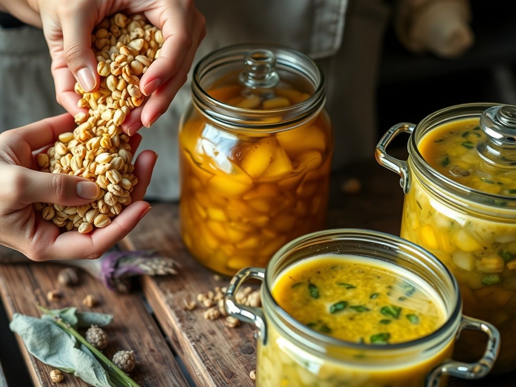Close-up van handen die groenten en specerijen voorbereiden voor fermentatie, omringd door glazen potten met kleurrijke gefermenteerde producten op een houten aanrecht in een natuurlijke keuken.