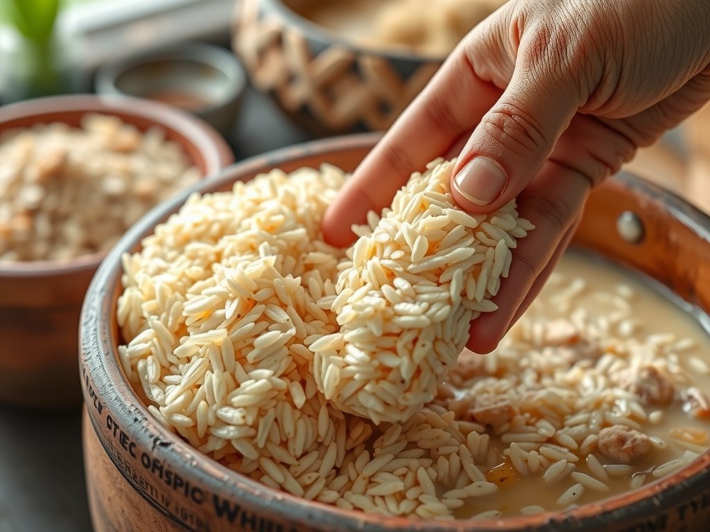 Close-up van schimmel- en koji-fermentatieprocessen in een authentieke keuken, met ingrediënten zoals rijst, soja en schimmels in keramische potten, verlicht door zacht daglicht.