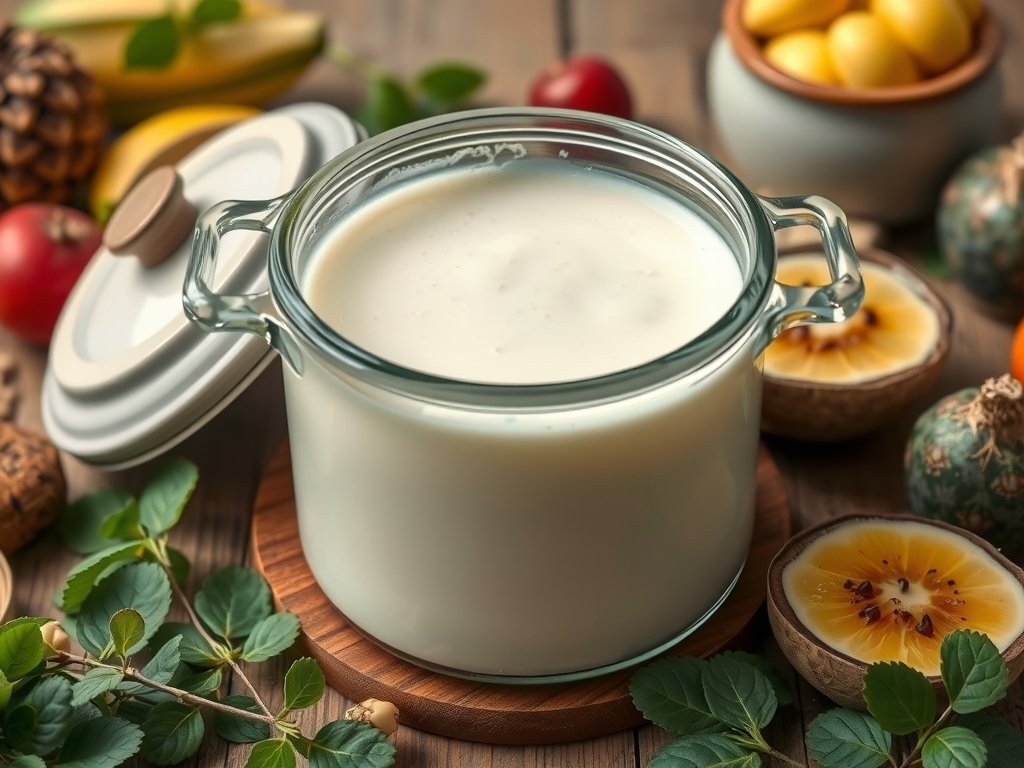 Close-up van een glazen pot met zelfgemaakte kefir, waarin de texturen van bacteriën en gisten zichtbaar zijn, omringd door een houten lepel en keramische kommetjes met verse ingrediënten in aardetinten en natuurlijke groenen.