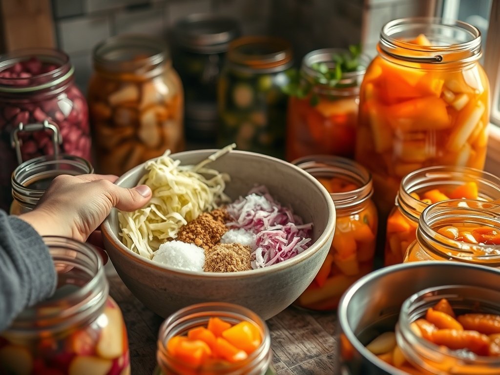 Close-up van het fermentatieproces met handen die zorgvuldig ingrediënten zoals kool, zout en specerijen mengen in een keramische kom, omgeven door kleurrijke gefermenteerde groenten.