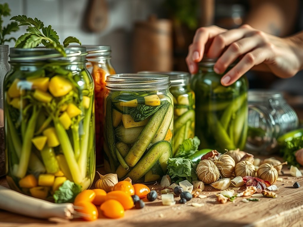 Close-up van een fermentatieproces in een gezellige keuken, met potten groenten die fermenteerden naast bederfelijke voedingsmiddelen, en handen die voorzichtig met ingrediënten werken.