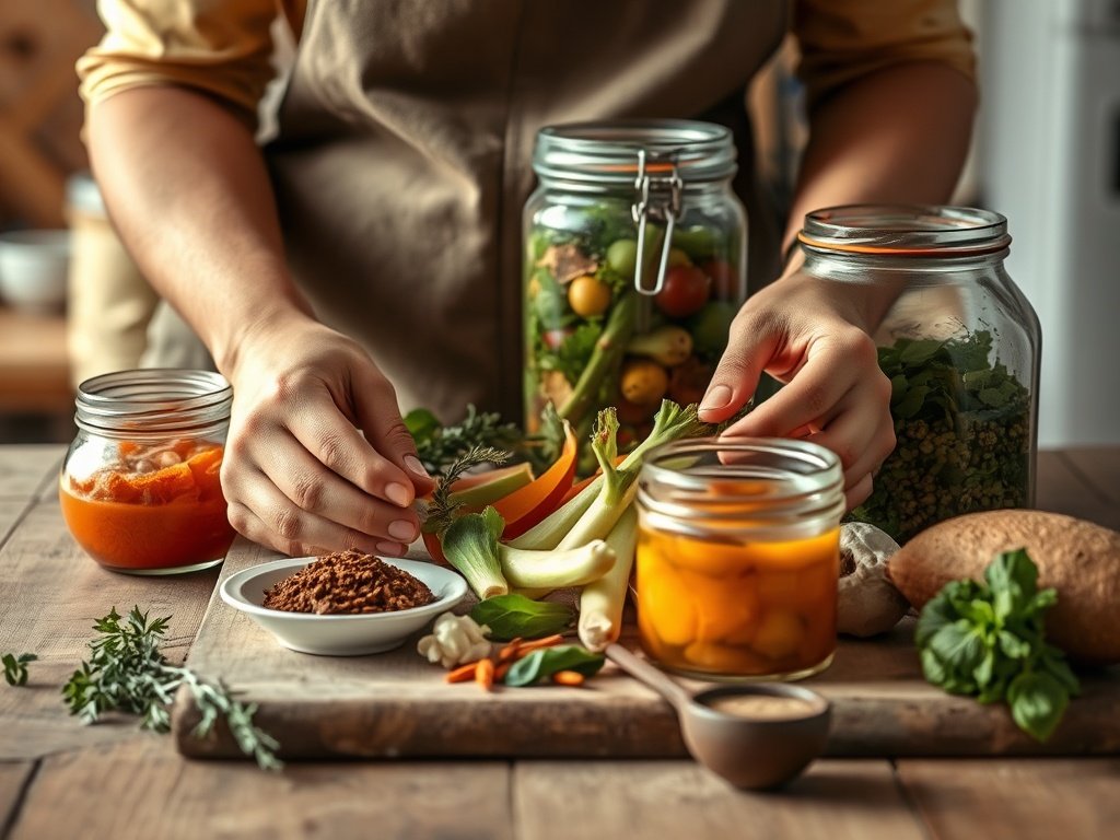Close-up van handen die verse groenten en specerijen voorbereiden voor fermentatie in een rustieke keuken, met glazen potten en een warme, natuurlijke belichting.