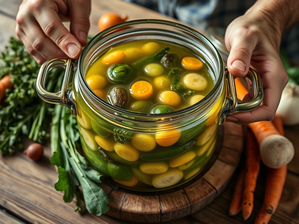 Realistische close-up van een glazen pot met fermenterende groenten, omringd door knoflook, gember en kruiden, op een houten tafel.