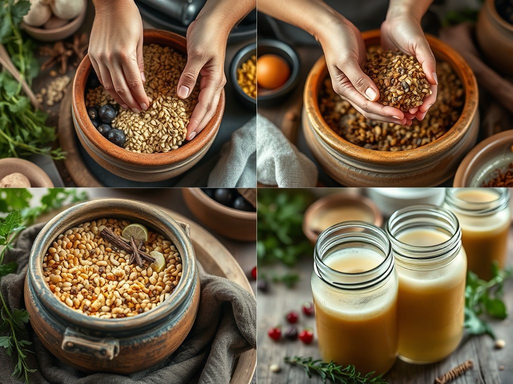 Close-up van handen die werken met granen en vruchten in aardewerken potten, waar het fermentatieproces plaatsvindt, omringd door natuurlijke kleuren en zachte verlichting.