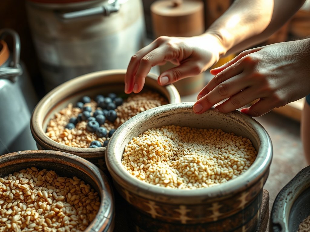 Natuurlijke close-up van handen die werken met ingrediënten voor alcoholische fermentatie, met texturen van granen, fruit en kruiden in rustieke aardewerken potten.
