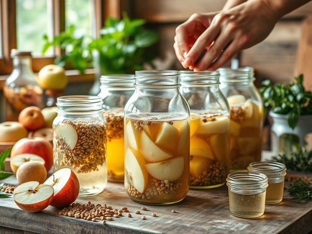 Realistische illustratie van het azijnzuurfermentatieproces met glazen potten vol rauwe ingrediënten zoals appels en granen in een rustieke keuken.