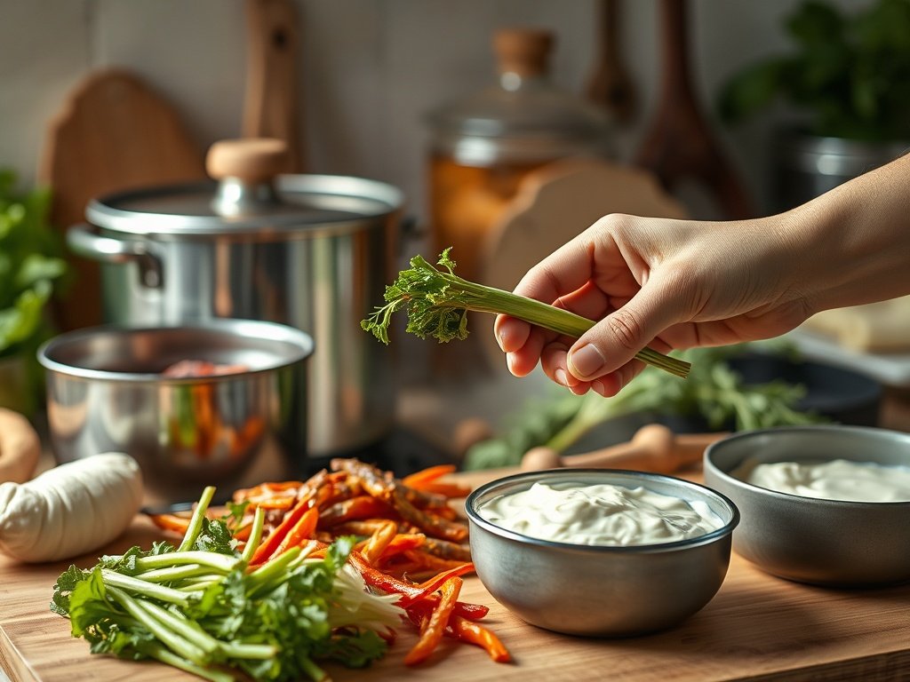 Realistische fotografie van een serene keuken met gefermenteerde voedingsmiddelen zoals kimchi en ingelegde groenten, verlicht door zacht daglicht, waarbij handen ingrediënten voorbereiden.