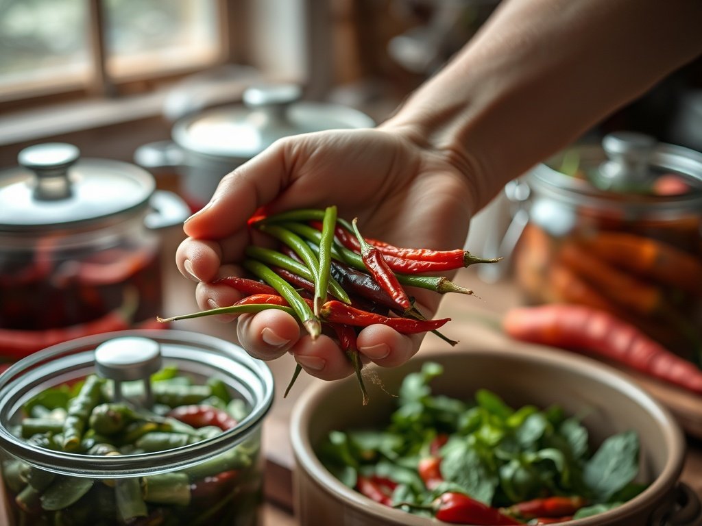 Een close-up van een hand die kleurrijke groenten en kruiden voorbereidt voor fermentatie, omringd door glazen potten, met een rustige keukensetting in natuurlijk daglicht.
