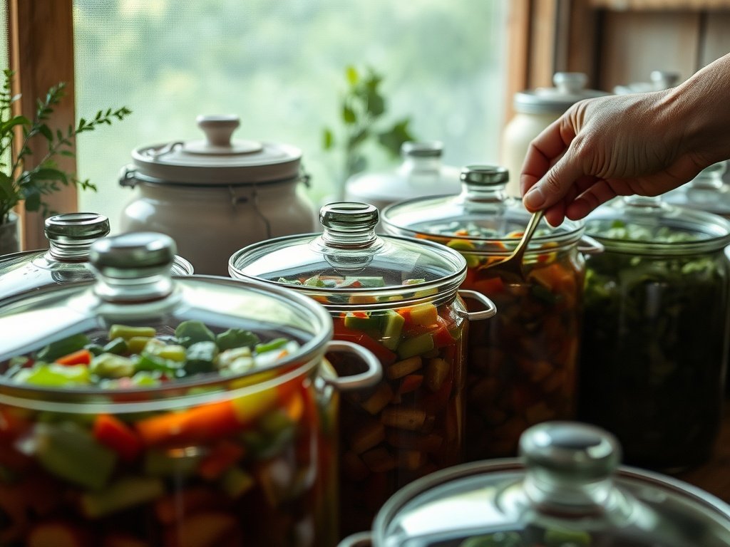 Realistische fotografie van een fermentatieruimte met close-ups van kleurrijke groenten in glazen potten, waarbij ingrediënten handmatig worden toegevoegd in een rustige sfeer.
