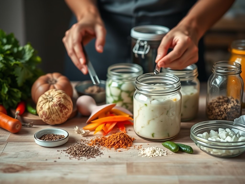 Natuurlijke close-up van handen die verse groenten en specerijen voorbereiden voor fermentatie, omgeven door houten oppervlakken en zacht daglicht, met een focus op de texturen van prebiotica.