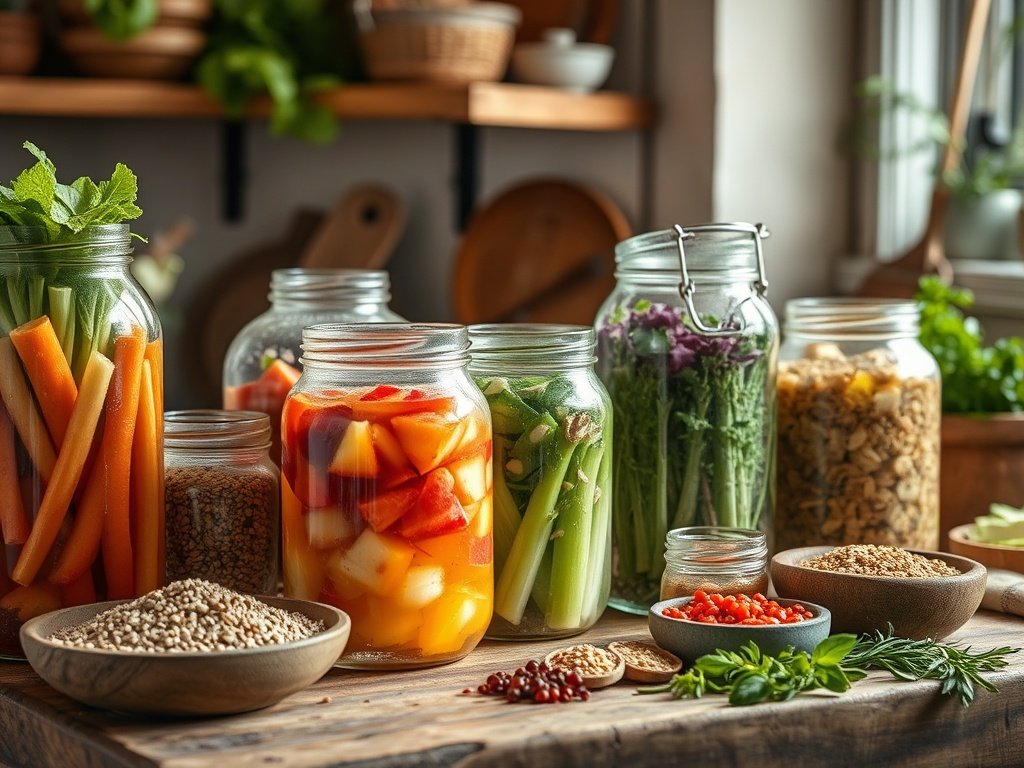 Detailrijke illustratie van zelf fermenteren in een warme, natuurlijke keuken met kleurrijke groenten, granen en kruiden in glazen potten.