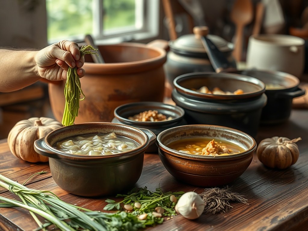 Realistische fotografie van een fermentatieproces zonder startercultuur, met close-ups van handen die groenten snijden en kruiden mengen in een keramische kom.