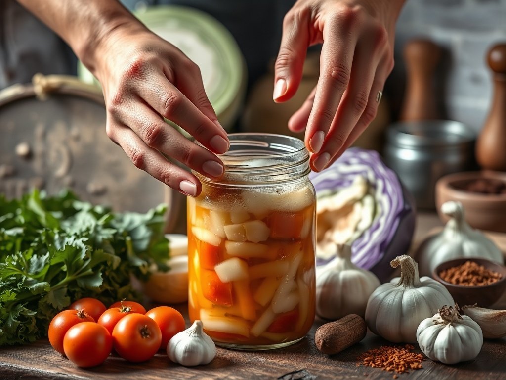 Dichte close-up van handen die voorzichtig een startercultuur mengen met groenten in een glas voor fermentatie, omringd door verse ingrediënten zoals kool, knoflook en specerijen.