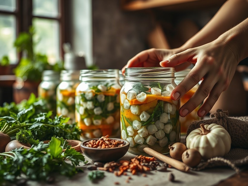 Nabijzicht van handen die zorgvuldig de fermentatie in keramische potten controleren, omgeven door verse groenten en specerijen in een rustieke keuken met zachte daglicht.