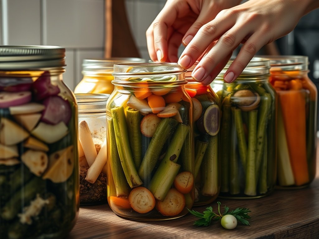 Close-up van glazen potten met groenten in verschillende stadia van fermentatie op een rustieke houten ondergrond, met tekenen van mislukte fermentatie zoals schimmel en ongebruikelijke kleuren, belicht door diffuus daglicht.