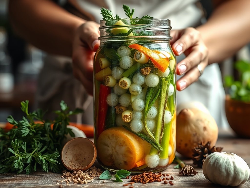 Een realistische close-up van een glazen pot met fermenterende groenten, omringd door verse kruiden en specerijen, terwijl een paar handen de mix voorzichtig omroeren in een rustieke keuken.