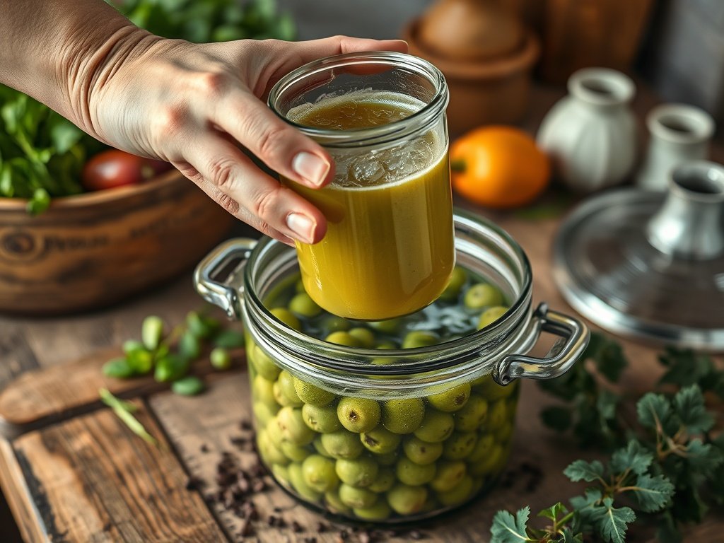 Close-up van een hand die een zoutcontainer boven een glazen pot met groenten houdt die aan het fermenteren zijn, met daglicht en een houten tafel op de achtergrond.