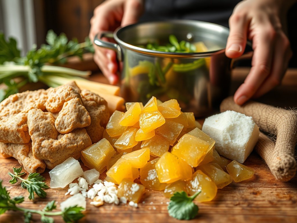 Close-up van verschillende vormen van suiker zoals suikerriet en kristalsuiker, naast een pot met groenten in fermentatie, op een houten tafel omgeven door natuurlijk groen.