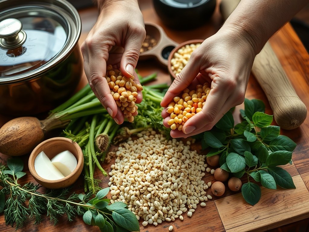 Close-up van handen die groenten en specerijen voorbereiden voor fermentatie op een houten werkblad, omringd door glazen potten en keramische schalen in zachte aardetinten.