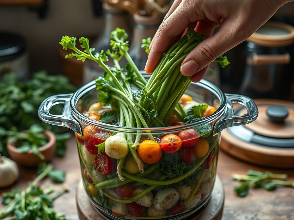 Close-up van een hand die kleurrijke groenten in een glazen pot plaatst voor fermentatie, omgeven door aardetinten en natuurlijke groenen in een authentieke keuken.