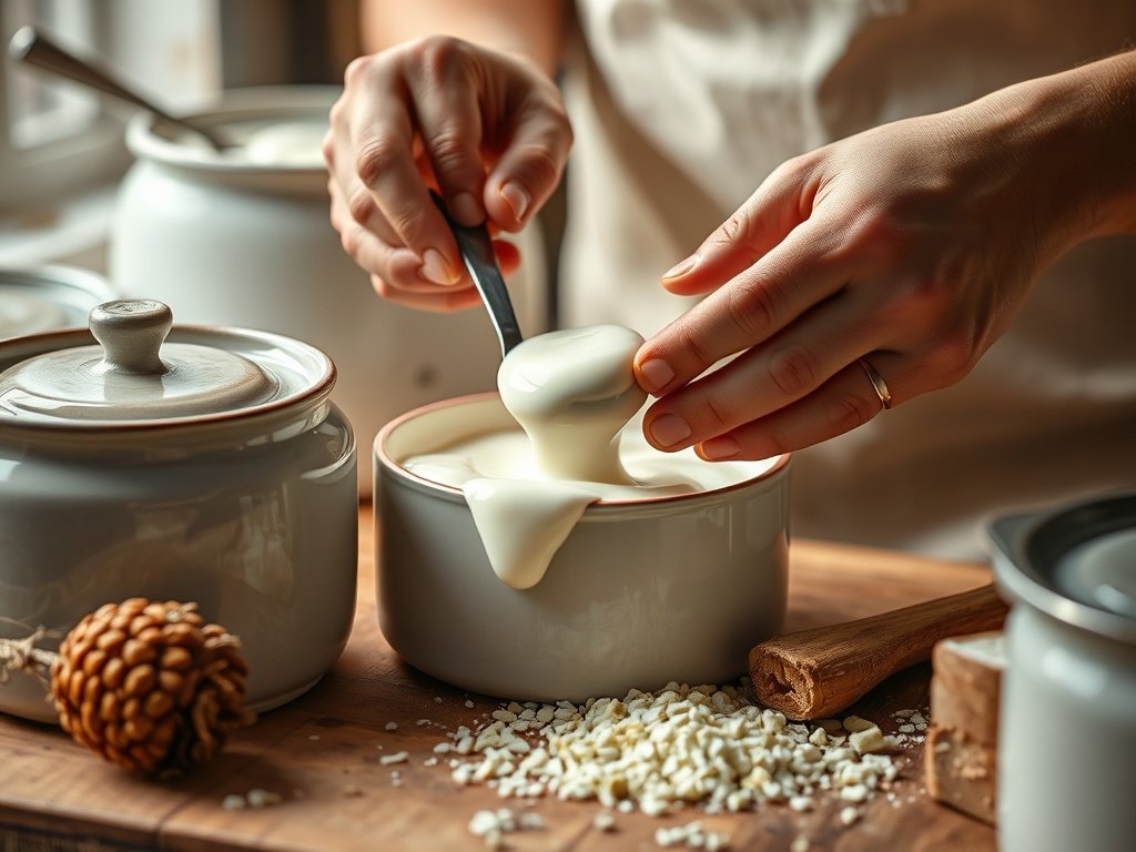 Realistische close-up fotografie van het fermentatieproces van zuivelproducten met handen die ingrediënten zoals melk en kruiden in keramische schalen verwerken, in een warme keuken.