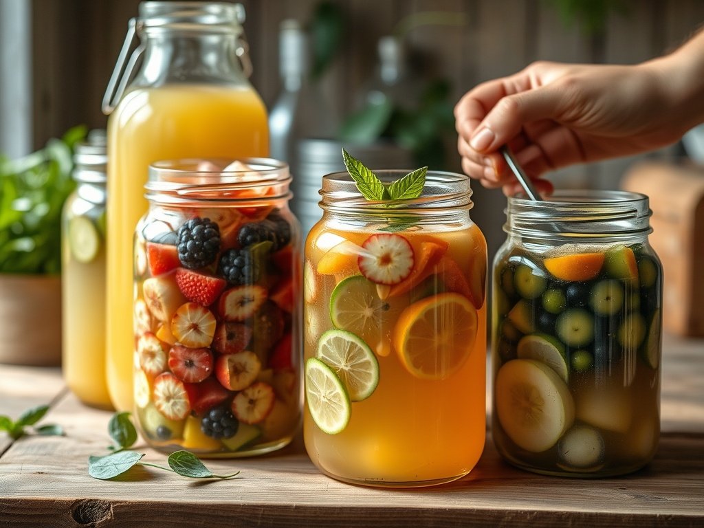 Natuurlijke en serieuze close-up van het fermentatieproces van dranken met bruisende kombucha in glazen potten, kleurrijke vruchten en handen die voorzichtig de ingrediënten roeren op een rustieke houten ondergrond.